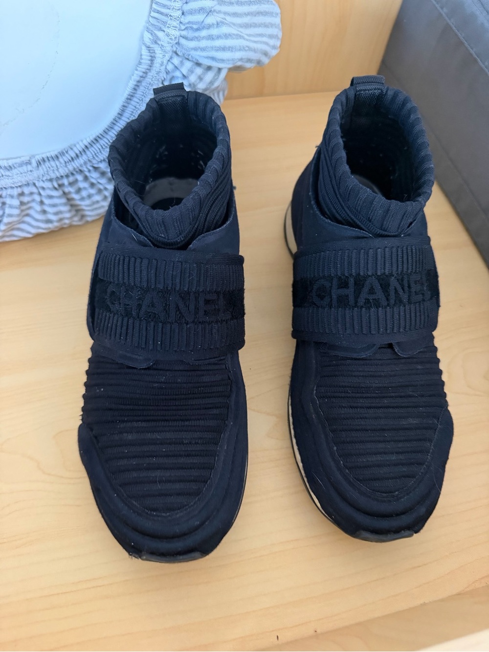 CHANEL Black Knit High-Top Strap Sneakers